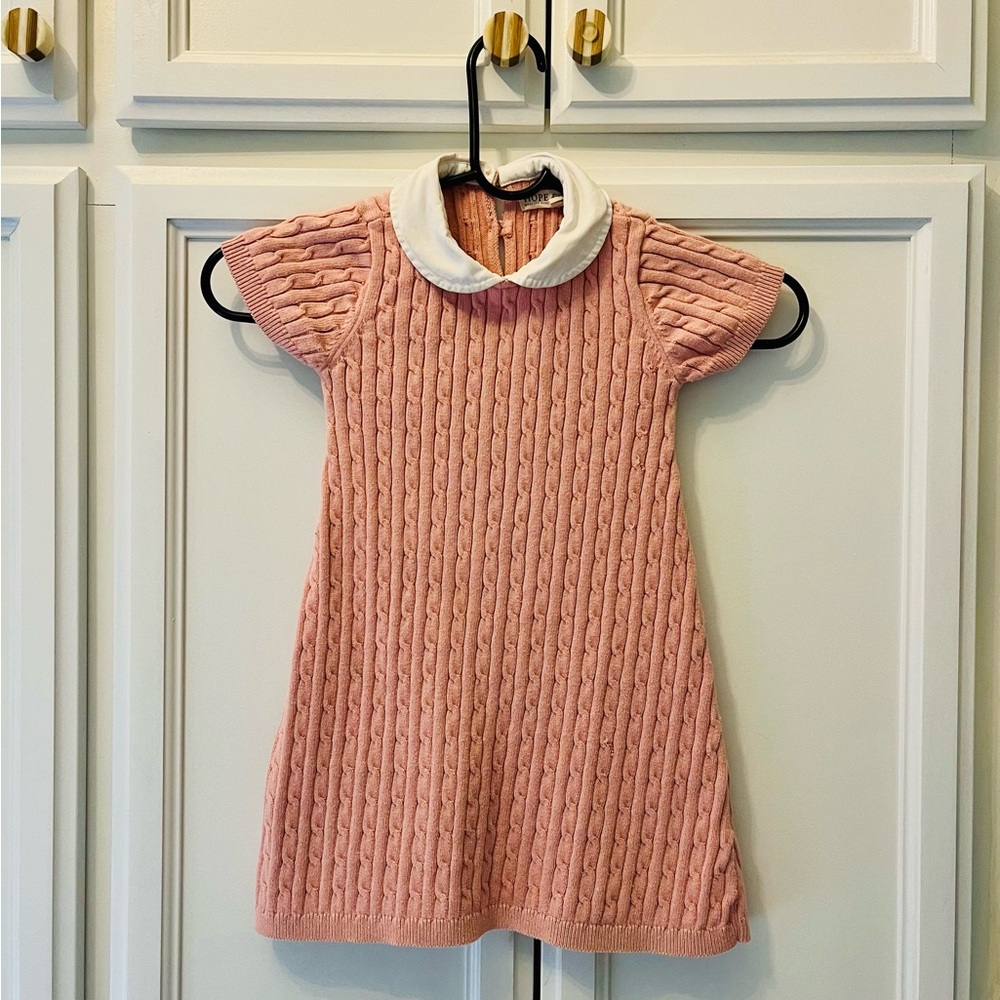 100% Organic Cotton Pink Cable Knit Dress with White Peter Pan Collar